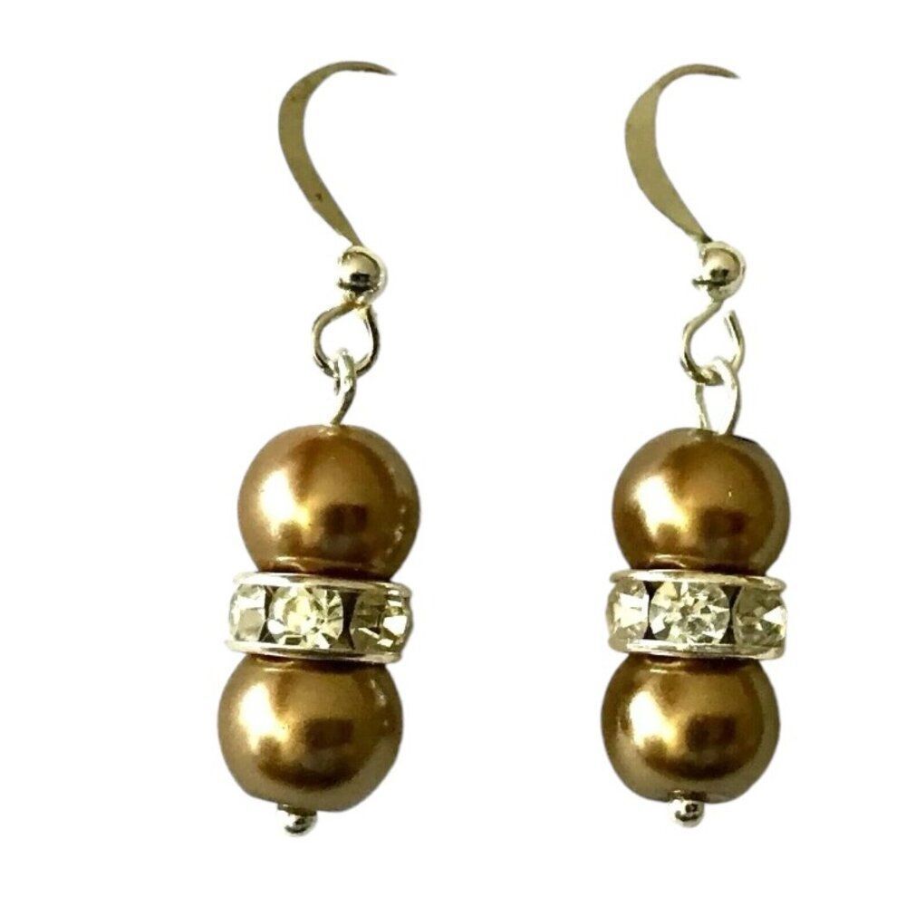Brown Pearl Earrings Baroque Style Crystal Glass Beads Dangle Silver Plated